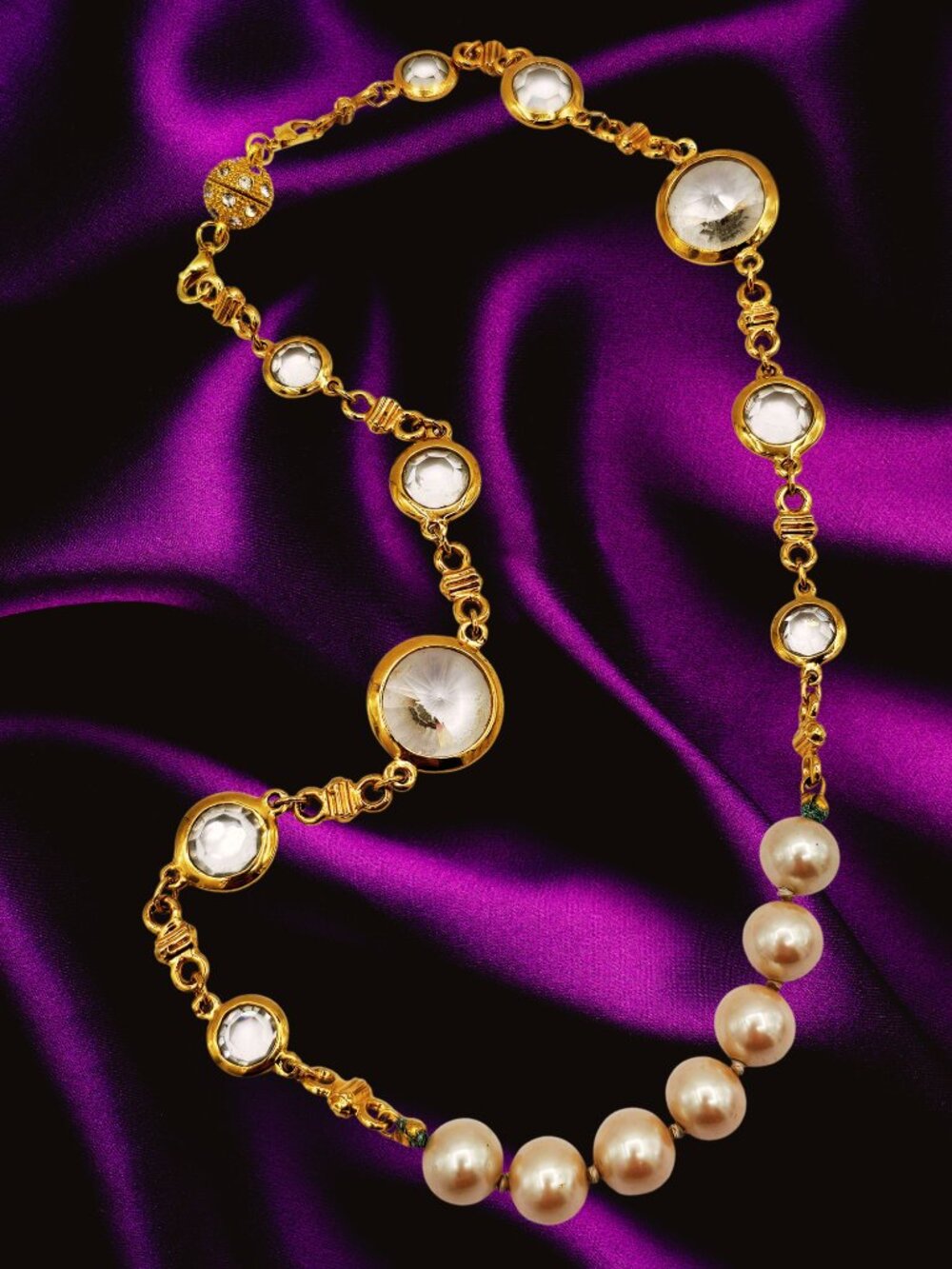 Vintage Gold Tone Crystal Station Necklace with Cultured Pearls 18" Elegant